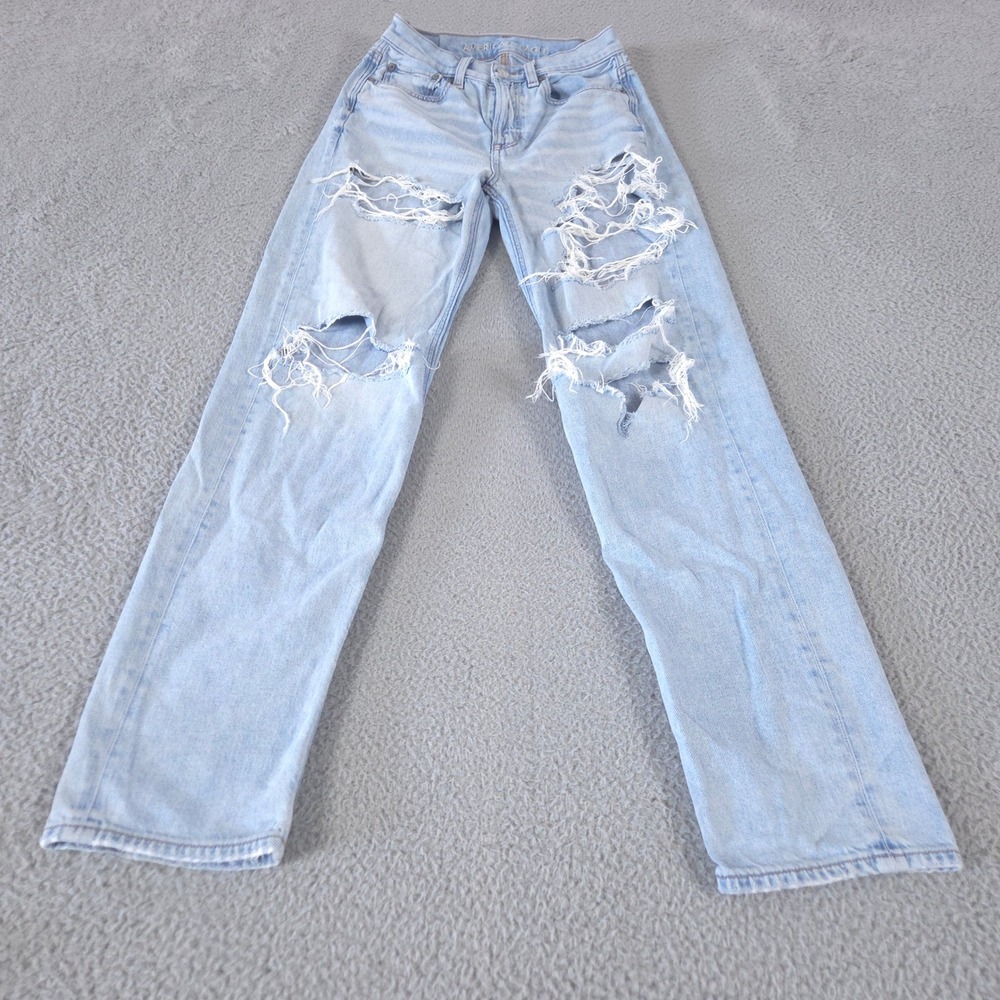 American Eagle Jeans Womens 00 Blue Baggy Distressed Ripped Denim‎ High Rise